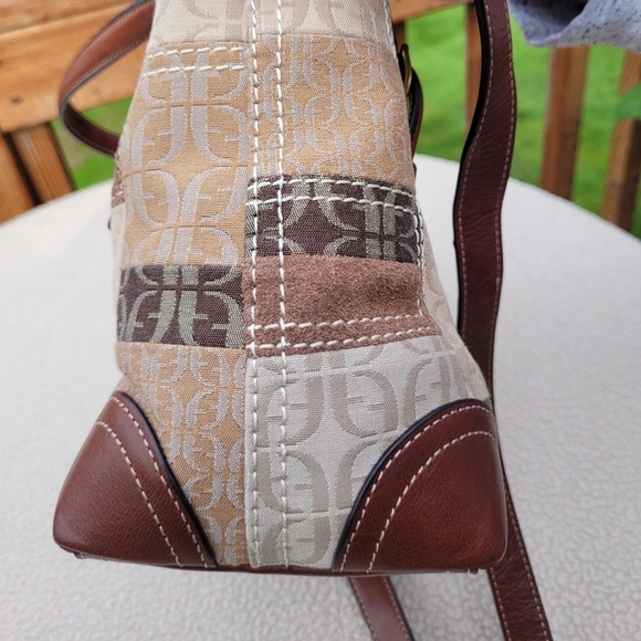 Fossil Signature Fabric Suede Patchwork Double Handle Satchel Crossbody Handbag - Picture 4 of 13